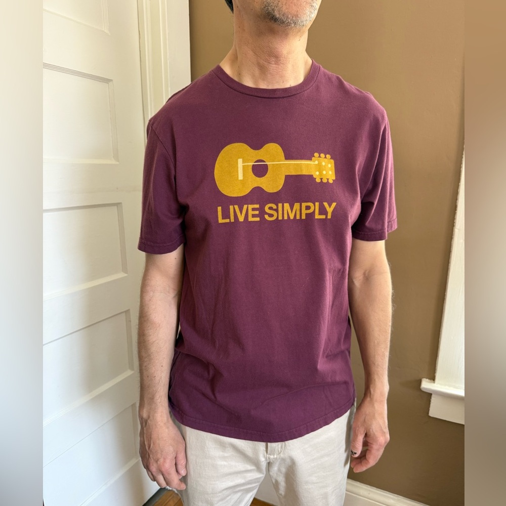 Patagonia Organic Cotton Purple Maroon Tee with Guitar and LIVE SIMPLY graphic - Picture 3 of 7